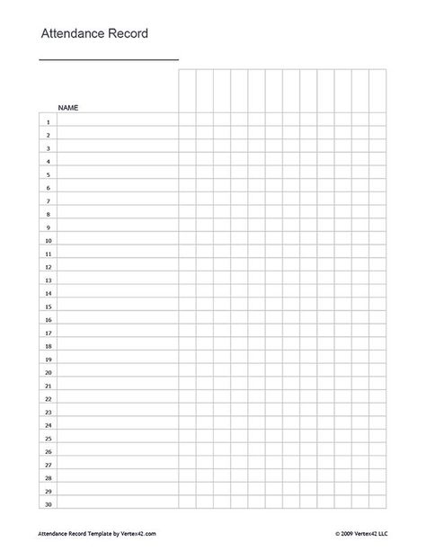 Free printable Attendance Record (PDF) from Vertex42.com Blank Attendance Sheet Free Printable, Free Attendance Sheet Printable, Attendance Chart Printable, Attendance List, Attendance Register, Classroom Attendance, Attendance Chart, Attendance Tracker, Attendance Sheet