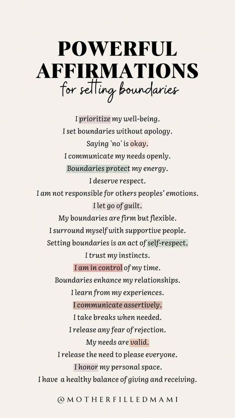 Powerful affirmations to help you start setting healthy boundaries in your life. #powerfulaffirmations #positiveaffirmations #dailyaffirmations #affirmations #boundaries #healthyboundaries #positiveselftalk Power Affirmations, Losing 40 Pounds, Positive Work Environment, Healing Affirmations, Powerful Affirmations, Setting Healthy Boundaries, Motivational Stories, Healthy Boundaries, Daily Positive Affirmations