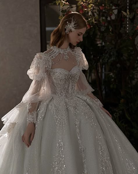 Silver Ball Gown Aesthetic, Fantasy Wedding Dress Ballgown, Wedding Dresses With Crowns, Royal Princess Wedding Dresses, Victorian Wedding Dress Aesthetic, Majestic Dresses Gowns, Long Sleeve Puffy Wedding Dress, Fantasy Style Wedding Dress, Fairytale Wedding Dress Long Sleeve