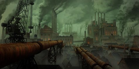 Dieselpunk Architecture, Steampunk Vehicle, Steampunk City, Fallout Concept Art, Environment Painting, Industrial Factory, Military Artwork, Rpg Map, Scene Art