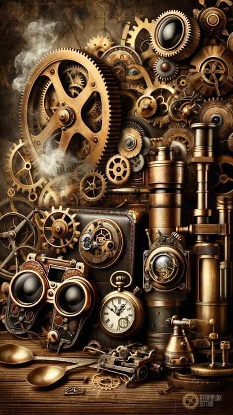 Discover the allure of steampunk in this montage featuring vintage gears, brass elements, and Victorian machinery fused with futuristic tech. Perfect for enthusiasts of this unique, time-blending art style. Steampunk 3d Art, Steampunk Wallpaper Iphone, Vintage Things Aesthetic, Victorian Machinery, Victorian Steampunk Aesthetic, Steam Punk Gears, Décor Steampunk, Steampunk Wallpaper, Steampunk Background