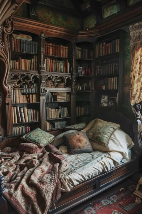 Dark Academia Furniture, Dark Academia Bed, Library Bedroom Ideas, Dark Modern Bedroom, Academia Bedroom Ideas, Dark Academia Bedroom Ideas, Dark Academia House, Dark Academia Room Ideas, Dark Academia Interior