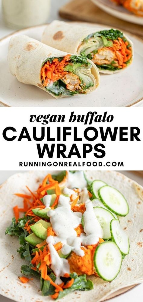 Wraps Vegan, Buffalo Cauliflower Wings, Baked Buffalo Cauliflower, Vegan Buffalo Cauliflower, Smoothies Vegan, Ranch Sauce, Plant Based Recipes Dinner, Vegan Wraps, Cauliflower Wings