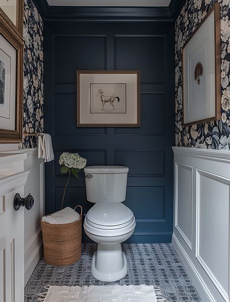 Struggling to make the most out of your small bathroom space? Explore our curated collection of 15 genius small bathroom design ideas that will inspire you to maximize functionality without compromising on style. Chair Rail In Half Bath, Toilet Makeover Budget, Bathroom Millwork Ideas, French Toilet Room, Small Bathroom Ideas With Wainscotting, Panelling In Bathroom Wall, Toilet Room In Master Bath, Toilet Room Wall Decor, Small Hallway Half Bathroom Ideas