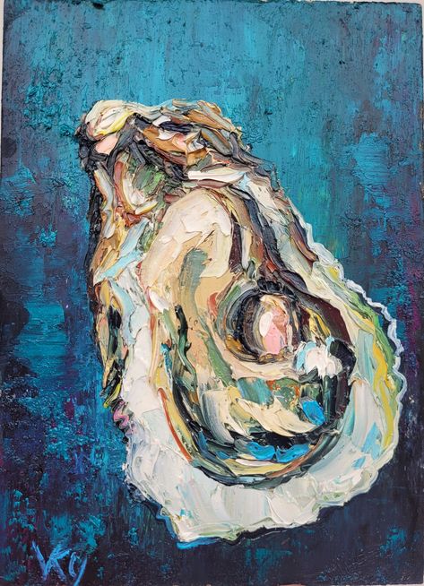 Abstract Oyster Painting, Shell Oil Painting, Oyster Oil Painting, Impasto Painting Ideas, Oyster Shell Painting, Seafood Painting, Art Food Painting, Oyster Painting, Seafood Art