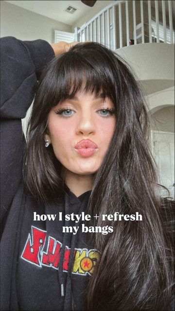 AUTUM RAIN on Instagram: "how I style and refresh my bangs 🎀 i’ll usually do this in between washes to bring some life back into them :) #hairtutorial #hairbangs #fringebangs #hairstyletutorial" Styling Front Bangs, How To Straighten Your Bangs, Styling Bangs Without Heat, No Bangs To Bangs Before And After, How To Set Bangs, Front Bangs With Long Hair Round Face, Bangs Vs No Bangs Long Hair With, How To Train Your Bangs, How To Dry Bangs