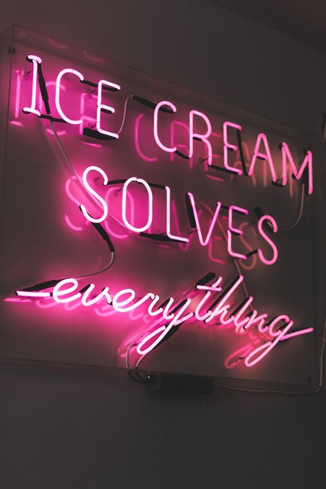 #quotes #foodquotes #icecream #pink #pinksign Ice Cream Solves Everything, Ice Cream Aesthetic Quotes, Ice Cream Pictures, Kristina Webb, Beautiful Sayings, Neon Quotes, Neon Words, Smart Tiles, Neon Aesthetic