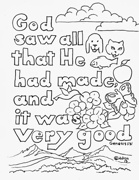 Coloring Pages for Kids by Mr. Adron: Genesis 1:31 Print and Color Page, Free Gods Creation Coloring Page, Free Bible Story Coloring Pages, Free Creation Printables, Creation Coloring Pages Printables Free Preschool, Genesis 1:1 Coloring Page, Gods Creation Preschool Activities, God Created The World Craft Preschool, Preschool Creation Lesson, Creation Printables Free