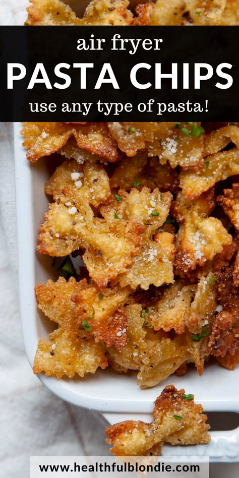 quick and easy extra-crispy, parmesan-coated air fryer pasta chips Easy Snack Ideas Air Fryer, Easy Quick Air Fryer Dinners, Air Fried Noodles, Crispy Pasta, Air Fryer Pickle Chips, Chips Recipes, Baked Pasta Chips, Air Fryer Dinner Recipes Vegetarian, Airfryer Hacks