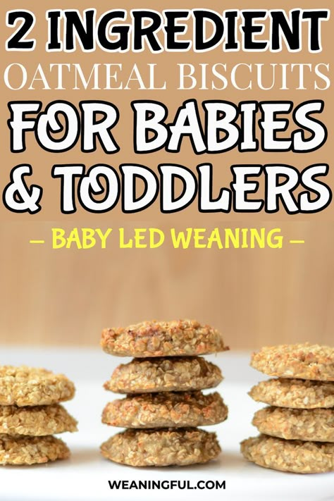 This oatmeal cookies recipe is simple, easy and quick. Not to mention is healthy, sweetened only with fruit and is a great finger food idea for babies just starting solids. This is a toddler friendly and approved recipe that has only 2 ingredients. These biscuits are soft, making them a good choice for little ones with no teeth. #startingsolids #introducingsolids #weaning #firstfoods 2 Ingredient Cookies, Newborn Baby Hacks, Oatmeal Biscuits, Fingerfood Baby, Cookies Fruit, Led Weaning Recipes, No Teeth, Baby Led Weaning Recipes, Healthy Baby Food