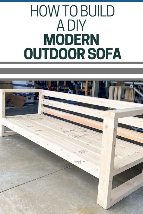 How to build a DIY modern outdoor sofa the simple way. Check out these easy to follow step-by-step plans. Save money and build your own custom outdoor furniture today! Outdoor Sofa Design, Outdoor Couch Diy, Modern Outdoor Sofa, Outdoor Sofa Diy, Custom Outdoor Furniture, Build Outdoor Furniture, How To Make Home, Modern Outdoor Sofas, Wood Patio Furniture