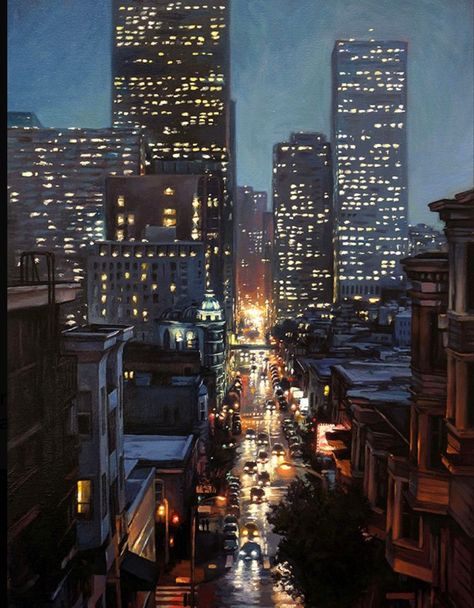 Painting Of City At Night, New York Night Painting, City Buildings Painting, Night Scape Painting, City At Night Art, City Night Drawing, Rainy Night Painting, City Scape Night, City Night Painting