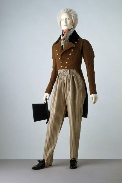 Suit 1820, British                                                                                                                                                     More 1800 Mens Fashion, 1820s Fashion, 1830s Fashion, Tuck Everlasting, Double Breasted Dress, 1800s Fashion, Romantic Era, Regency Fashion, 19th Century Fashion