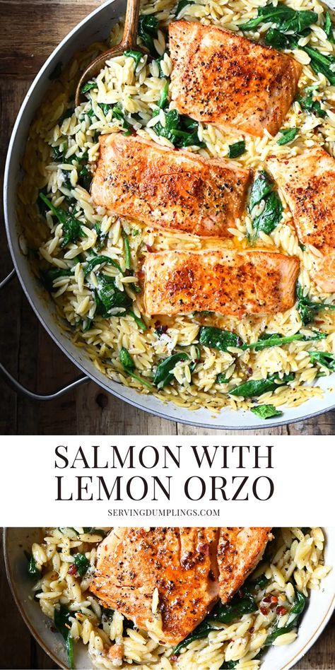 Mediterranean Recipes Healthy, Salmon With Lemon, Mediterranean Diet Recipes Dinners, Lemon Orzo, Plats Healthy, Fish Dinner Recipes, Easy Mediterranean Diet Recipes, One Skillet, Fish Dinner