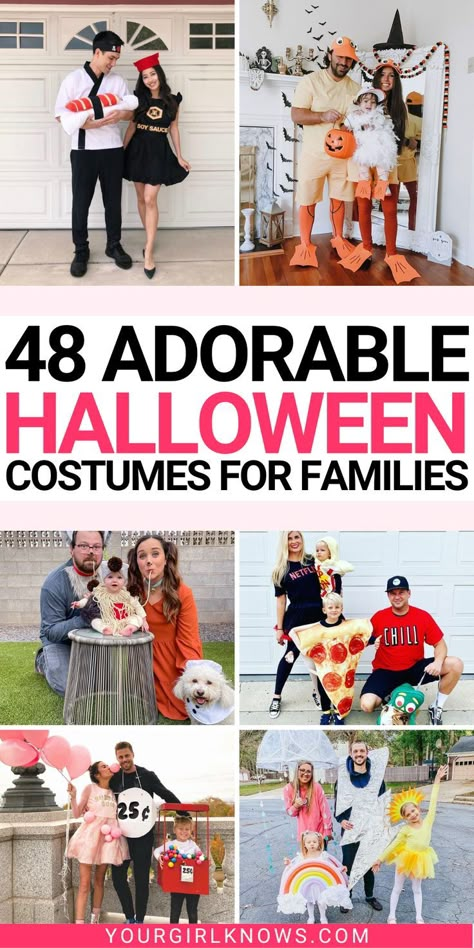 There's no need to be basic when it comes to dressing up for Halloween. These 48 unique family costumes will make sure you stand out from the crowd and win any costume contest you enter. Who knows, maybe you'll even start a new trend this year! Diy Halloween Family Costumes, First Family Halloween Costumes, It Family Costumes, Simple Family Costumes, Halloween Costumes Ideas For Family Of 3, Halloween Costume Ideas Family Of 3, Easy Family Halloween Costumes With Baby, Best Family Halloween Costumes For 3, Family First Halloween Costumes