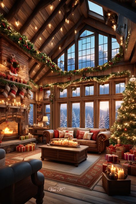 Winter Cabin Bedroom Aesthetic, Mountain House Christmas, Bloxburg Winter Cabin Interior, Mountain House Christmas Decor, Christmas Aesthetic Interior, Christmas In The Mountains Winter Cabin, Christmas Lake House, Christmas Decor Ideas Cabin, Winter Cabin Christmas