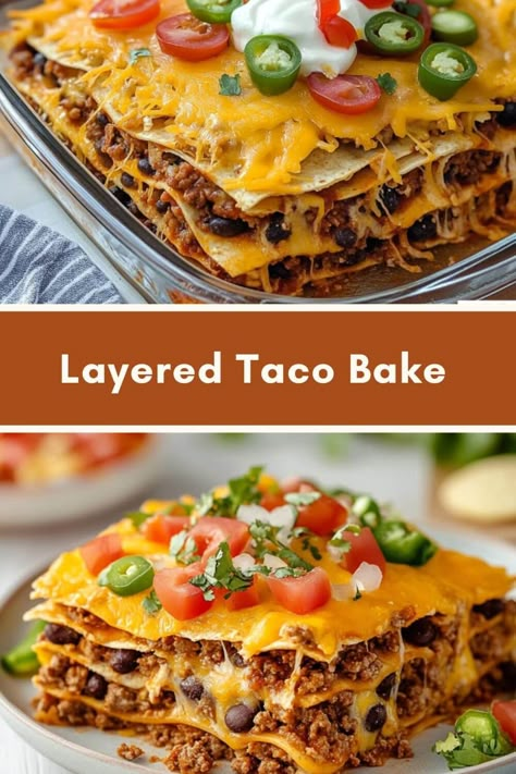 Layered Taco Bake Taco Layer Bake, Easy Taco Bakes, Recipes Using Soft Taco Shells, Layered Taco Pie 12 Tomatoes, Stacked Taco Bake, Burrito Bake Casserole Taste Of Home, Taco Meals Sides, Dinner Taco Ideas, Taco Layered Casserole