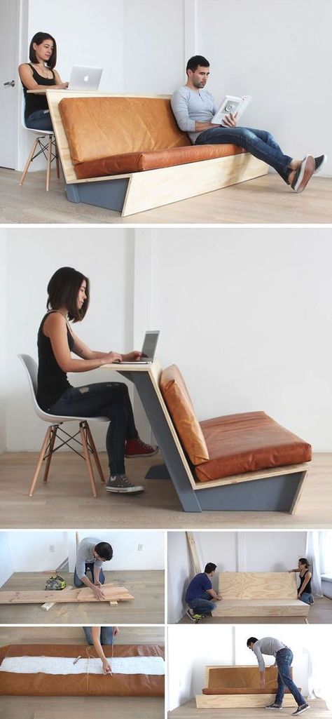 This tutorial for a DIY modern couch teaches you how to create a couch with a wood frame and leather cushions that also doubles as a desk. Koti Diy, Diy Projects Plans, Diy Couch, Modern Couch, Diy Sofa, Diy Furniture Couch, Diy Furniture Projects, Modern Diy, Pallet Ideas