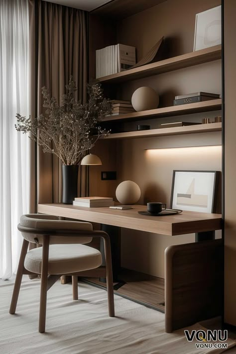 At Home Office Inspiration, Home Office Minimalist Workspace, Home Office Contemporary, In Bedroom Office, Home Office Styling, Desk Space In Bedroom, Design Home Ideas Modern, Office At Home Ideas, Bedroom With Workspace