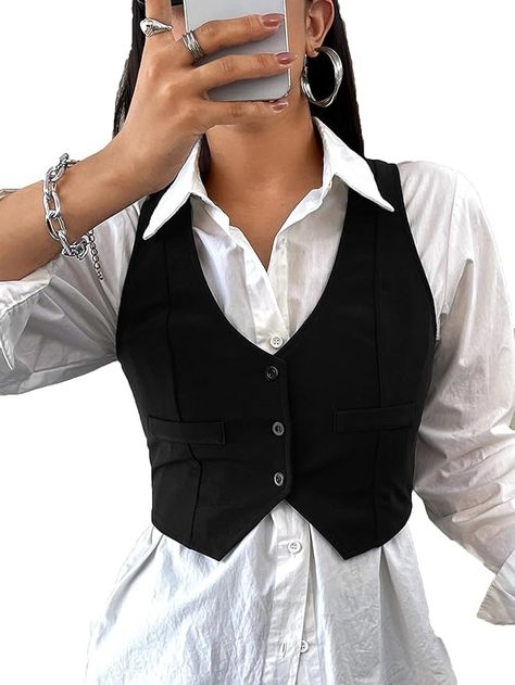 SweatyRocks Women's Solid Button Front Crop Waistcoat V Neck Sleeveless Blazers Black L at Amazon Women’s Clothing store Colure Pallet, Mafia Outfit Ideas, Dont Text Me, Soft Summer Style, Sleeveless Top Outfit, Tops For Women Stylish, Dressy Vest, Mobile Bartending, Black Blazer Outfit