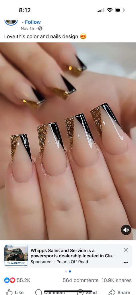 Black And Gold Square Nails, Nails Black And Gold, Square Nail Ideas, Gold French Tip, Quince Nails, Gold Acrylic Nails, New Years Nail Designs, Square Nail, Gold Nail Designs