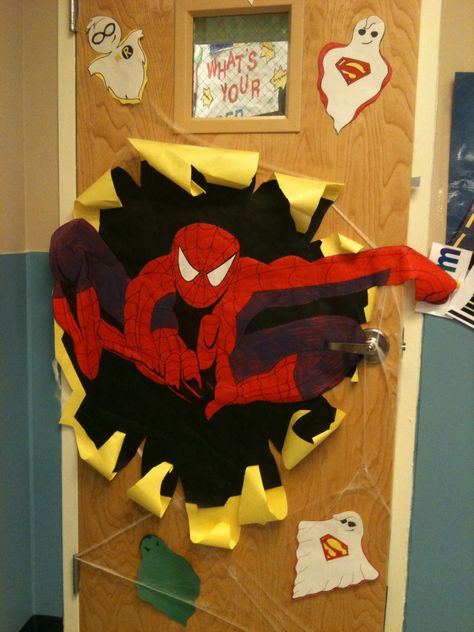 Class 3 Spider-Man Halloween door decoration Spider Classroom Door, Class Door Decorations, Halloween Door Decoration, Halloween Classroom Door, Spider Man Halloween, Dorm Themes, Spiderman Decorations, Teacher Appreciation Doors, Homecoming Signs