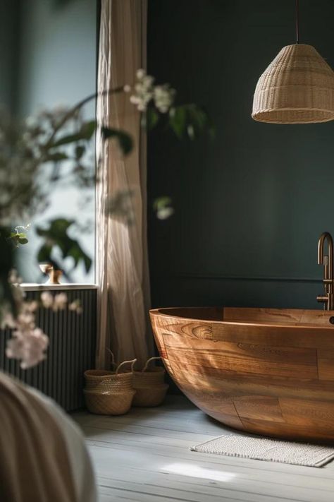 How To Craft A Wooden Bathtub: Unique Bathroom Feature Tub Inspiration, Bathtub Shelf, Interior Design Minimal, Wooden Bathtub, Porch Windows, Dark Bathrooms, Bathroom Fireplace, Backyard Balcony, Wood Bath