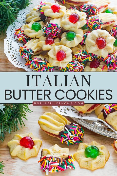 Butter Cookies With Sprinkles, Cherry Dip, Cookies Dipped In Chocolate, Italian Christmas Cookie Recipes, Butter Cookies Christmas, Xmas Cookies Recipes, Italian Butter, Cookies With Sprinkles, Christmas Cookie Exchange Recipes