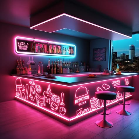 #homebar #happyhour #barideas #cocktails #mixology #homeentertaining #drinkrecipe #barcart #diybar #homehappyhour Bar With Neon Lights, Game Bar Design, Small Club Design, Neon Cafe Interior Design, Bar Night Club Drinks, Neon Restaurant Interior, Cool Bars Designs, Cantina Bar Ideas, Neon Lights Bar