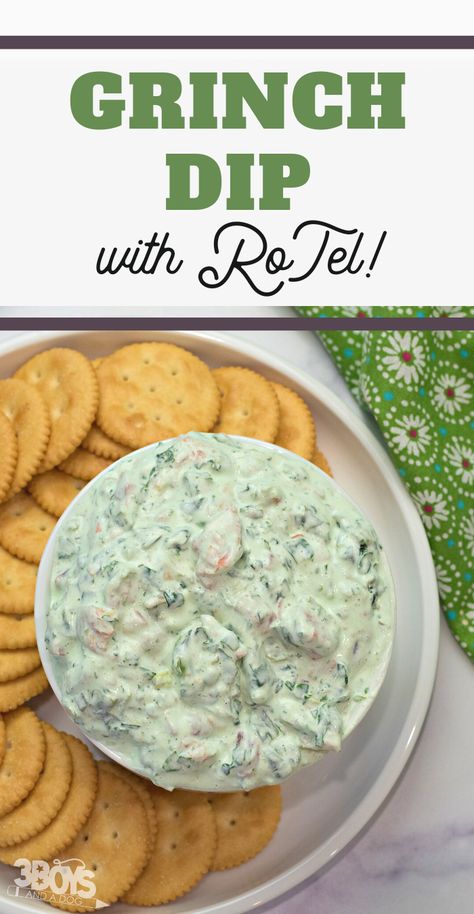 Check out this delicious Grinch Rotel Dip Snack Recipe! It's the perfect starter or appetizer for any Grinch-themed party. Dips like this are the best! Green Color Theme Party Snacks, Grinch Dip Recipe, Grinch Food Ideas Dinner, Green Snacks For Color Party, Grinch Christmas Food, Grinch Foods, Grinch Dip, Christmas Finger Food Ideas For Parties, Green Food Party