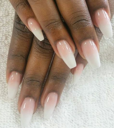 French Faded Nails, Ombre Acrylic Nails Coffin With Design, Ombre French Tips With Glitter, Ombré French Coffin, Trendy Nails French Tip Ombre, Natural French Tip Acrylics, Milky French Manicure Coffin, Faded White Tip Nails, Natural Ombre Nails Coffin