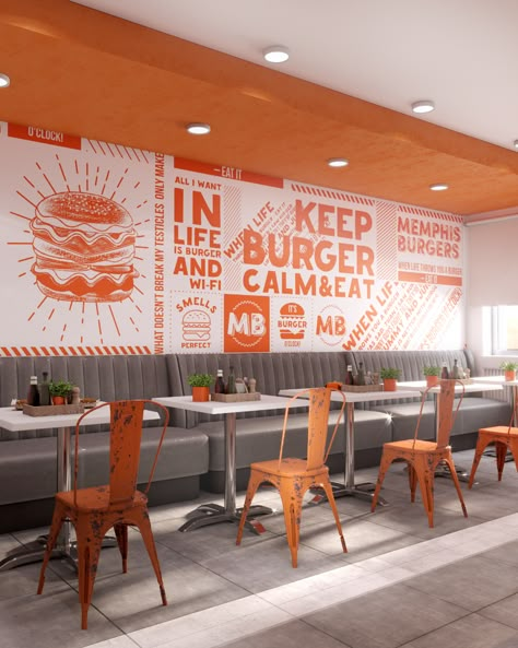 Memphis Burger Fast food cafe in Astana on Behance Resturant Ideas Design Interiors Fast Food, Fast Food Cafe Interior Design, Fastfood Restaurant Interior, Mexican Fast Food Restaurant Design, Fast Food Restaurant Design Interiors, Fastfood Design Interiors, Fast Food Shop Design, Restaurant Wall Mural, Fast Food Interior Design