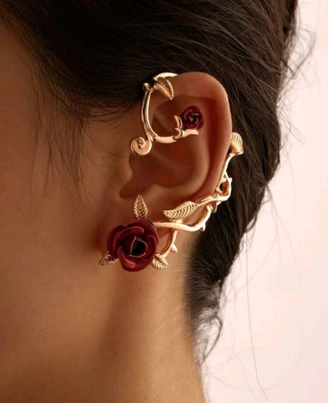 Pink Beauty And The Beast, Beauty And The Beast Quince, Cuff Piercing, Beauty And The Beast Wedding Theme, Beauty And Beast Wedding, Beauty And The Beast Theme, Rose Stud Earrings, Ear Climbers Earrings, Ear Climber