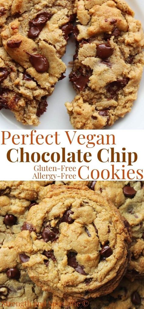 Gluten-Free Vegan Chocolate Chip Cookies (Allergy-Free) | Strength and Sunshine | The best Gluten-Free Vegan Chocolate Chip Cookies you will ever have! This perfect chocolate chip cookie recipe is allergy-free and eggless, but you would never know! Soft and chewy with that classic ooey gooey center and slightly crisp edge. Loaded with dairy-free chocolate chips and made without oil, this easy recipe is the only one you need, vegan or not! Egg Free Chocolate Chip Cookies, Best Vegan Chocolate Chip Cookies, Dairy Free Chocolate Chip Cookies, Vegan Chocolate Chip Cookie Recipe, Vegan Gluten Free Cookies, Dairy Free Cookies, Gooey Cookies, Vegan Cookies Recipes, Dairy Free Chocolate Chips