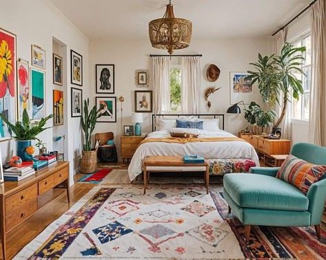 Eclectic Guest Room, Simple Eclectic Bedroom, Boho Eclectic Bedroom, Bedroom Nyc, Eclectic Bedroom Ideas, Eclectic Design Style, Bedroom Eclectic, Large Bed, Large Beds