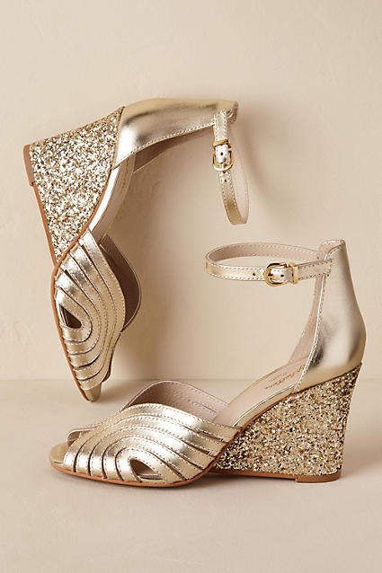 Anthropologie Bess Wedges Wedding Shoes Gold, High Heels Drawing, Trendy Wedding Shoes, Bridal Shoes Wedges, Heels Drawing, Sparkly Wedding Shoes, Brides Shoes, Gold Wedding Shoes, Wedge Wedding Shoes