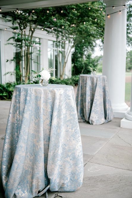 Blue Patterned Tablecloth Wedding, Blue Linen Tablecloth Wedding Reception, Blue Floral Linen Wedding, Banquet Room Wedding Reception Ideas, Blue Green Silver Wedding, Daniel Island Club Wedding, Blue And Green Wedding Reception, Grand Millennial Wedding Decor, Regency Blue Wedding