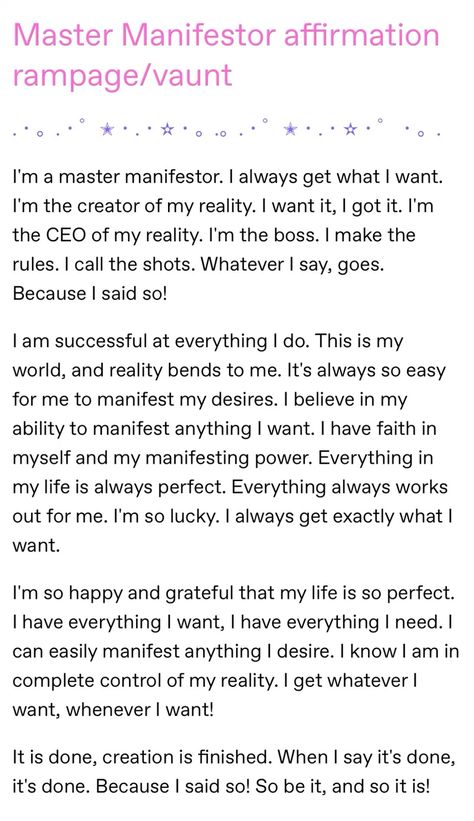 success affirmations. affirmations for success. money and happiness. positive vibes. business Master Manifestor Aesthetic, Self Concept Rampage, Master Manifestor Affirmations, Rampage Affirmations, Affirmation Tweets, Dream Life Affirmations, Self Concept Affirmations, Assumption Quotes, Master Manifestor