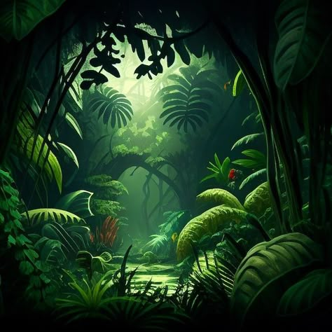 Japanese Jungle Tattoo, Dark Jungle Background, Jungle Scenery Landscapes, Rainforest Illustration Art, Jungle Illustration Art, Jungle Landscape Art, Tropical Forest Drawing, Jungle Illustration Background, Jungle Drawing Sketches