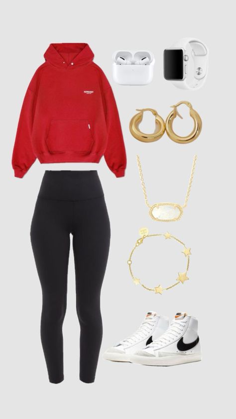 Red Comfy Outfit Aesthetic, Cute Red Outfits Aesthetic, Red Top Outfit Winter, Chanel Fits, Nike Sweatshirt Outfit, Outfit For Trip, Outfits With Nike Blazers, Winter Fit Ideas, Red Hoodie Outfit