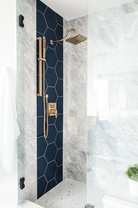 Navy And Chrome Bathroom, Navy Blue And Marble Bathroom, Statement Shower Tile, Tall Ceiling Bathroom Ideas, Mixing Tile Patterns Bathroom, Marble And Navy Bathroom, Navy Ensuite, Navy Tile Shower Ideas, Black And Blue Bathroom Ideas