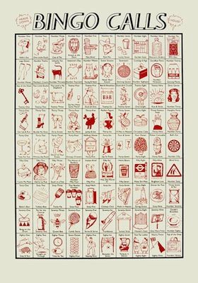 Paul Bommer's Bingo Calls print Bingo Calls, Bingo Party, Bingo Night, Library Book Displays, Retro Artwork, Free Tote, Live And Learn, Red A, Book Display