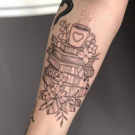 There are so many ways that you can get creative with your book tattoo. You can get a tattoo of your favorite quote from a book, a tattoo of your favorite book, or just simply get a tattoo of the outline of a book. Shows books with a coffee or tea mug sitting on top of the book stack. Tree And Book Tattoo, Women’s 3/4 Sleeve Tattoo, Stacked Book Tattoo, Reading Lover Tattoo, Book Reader Tattoo, Half Sleeve Book Tattoos For Women, Forearm Book Tattoo, Witch Book Tattoo, Fall Book Tattoo