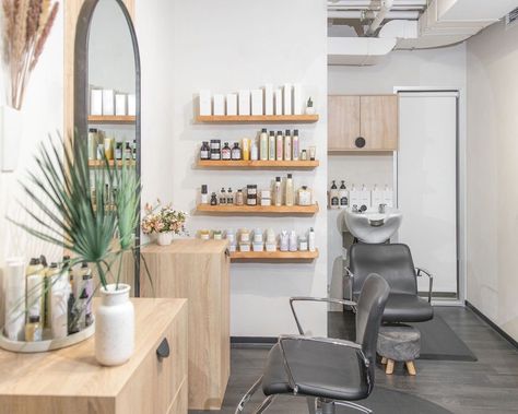 Hair Salon Shelves Small Spaces, Salon Suite Retail Display, Salon Styling Station Ideas, Salon Suite Decor Wall Shelves, Boho Small Hair Salon, Salon Suite Organization, 100 Sq Ft Salon Suite, Salon Suite Interior Design, Home Salon Ideas Small Diy