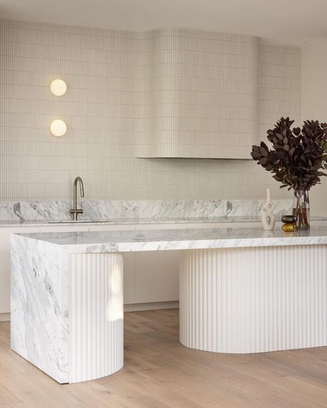 Such a dreamy space - this fluted island bench served as inspo for our kitchen. | Instagram Fluted Island, Curved Kitchen Island, Oak Timber Flooring, Dreamy Space, Curved Kitchen, Pale Oak, Art Deco Kitchen, Kitchen Island Bench, Island Bench