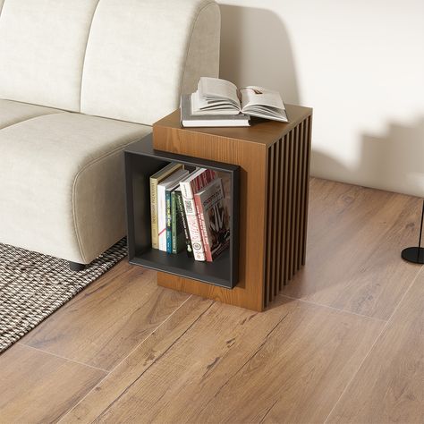 Side Table , Modern Square Walnut&Black End Table, for Living Room Side Table In Living Room, Modern Bedside Table Design, Sofa Corner Table, Square Furniture, End Tables Living Room, Black End Table, Contemporary Side Table, Side Table Living Room, Side Table Modern