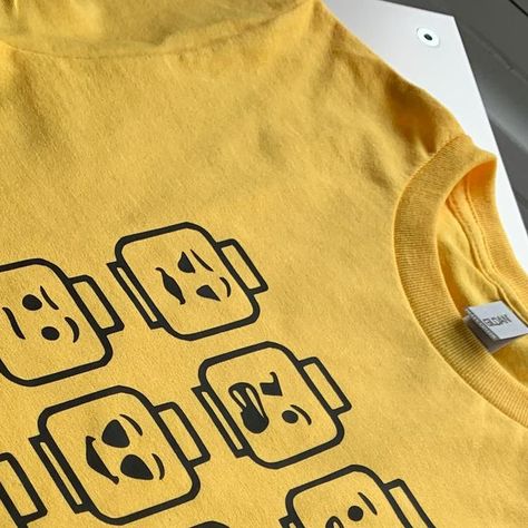 Made this cute LEGO brick face t-shirt for our sons LEGO themed birthday! Cricut Explore Air 2 & Cricut Easy Press 2. Lego Faces Svg Free, Cricut Lego Birthday Shirt, Cricut Lego Projects, Lego Cricut Ideas, Lego Tshirt Ideas, Cricut Lego, Lego Birthday Shirt, Lego Tshirt, Cricut Easy Press 2