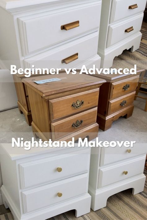 Beginner vs Advanced- How to Refinish Old, Dated Nightstands — Homebody Workshop Repainting Nightstand Diy, Nightstand Furniture Flip, Redo Night Stands, Old Nightstand Makeover, Adding Legs To Nightstand, Refinished Nightstand Ideas, Nightstand Refurbished, Diy Wood Nightstand, Nightstand Base