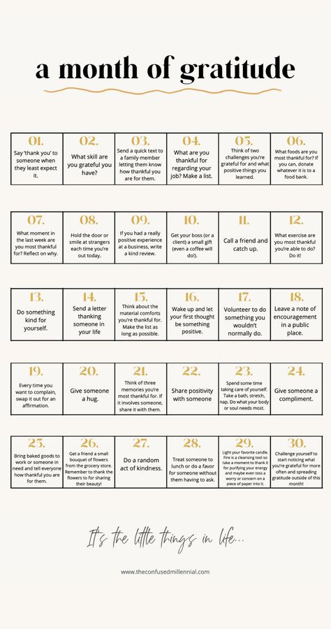 Looking for ideas to do a 30 day gratitude challenge this November? look no further! These are the perfect ideas to customize your daily gratitude practice and set up your own challenge with your friends or for kids! You don't have to do the full 30 days, you can start with just 7! Tap through for more ideas and learn about the benefits on your mental and physical health of shifting your attitude to one of gratitude! How To Make To Do List Ideas, Daily To Do List Ideas Things To Do, November Glow Up Challenge, Gratitude Practice Ideas, Things To Do On Your Own, Daily Challenges To Better Yourself, November Daily Gratitude, Gratitude Challenge 30 Day, Gratitude Checklist