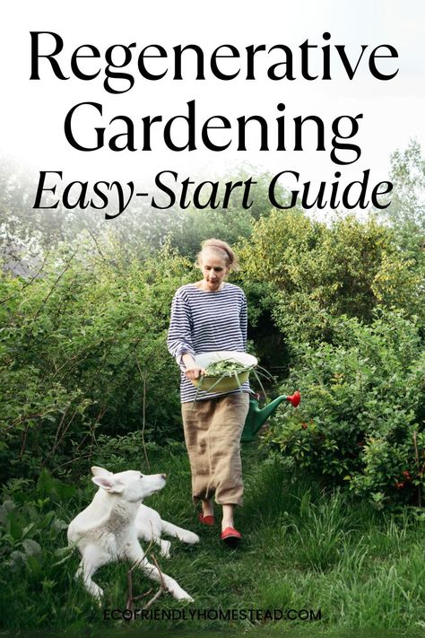 A woman with a harvest bowl full of home-grown produce, walking in front of her biodiverse garden - a sustainable landscape. She looks down at her dog, with text overlay "Regenerative Gardening Easy-Start Guide" Self Sustaining Garden, Regenerative Gardening, Sustainable Yard, Sustainable Backyard, Woman Gardening, Food Forest Garden, Herbal Garden, Homestead Gardening, Survival Garden